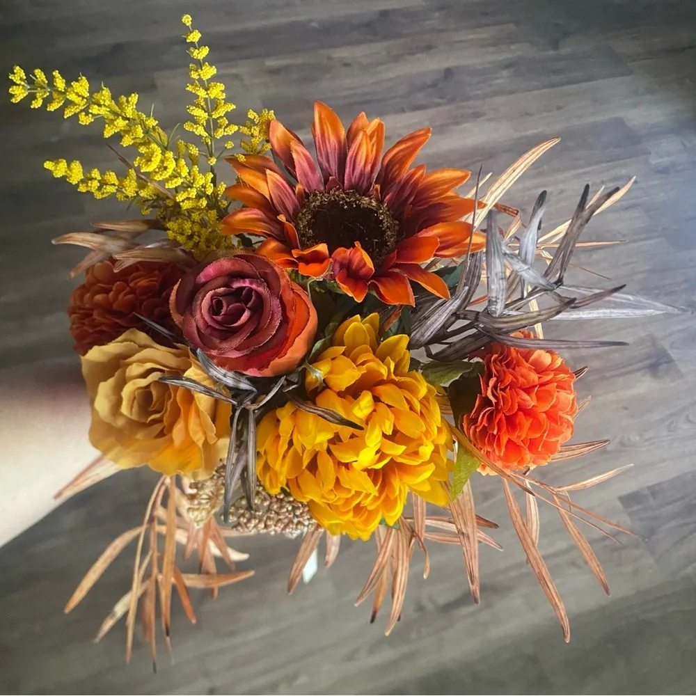 Hand-Tied Permanent Floral Bouquet Decor | Sunflower, Marigolds, Roses, and Mums